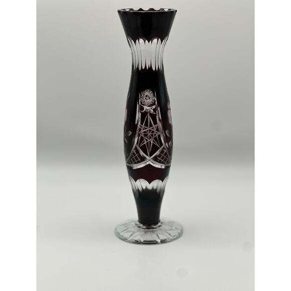 Vintage Ruby Cut Glass Bud Vase Floral Etched Crystal 8” Tall - Picture 6 of 10